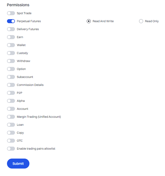 Gate.io API key permission settings